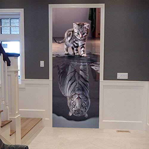 3D Türtapete Selbstklebend Türaufkleber - Katze wird Tiger - Türfolie Poster PREMIUM PVC Wasserfest Wandtattoo Für Schlafzimmer Wohnzimmer Tür Dekoration Tapete 77 x 200 cm