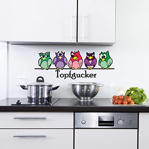 Sunnywall® Wandtattoo Wandaufkleber Topfgucker Eulen Vögel Spruch Aufkleber Küche selbstklebend Wandsticker (30,00 cm x 11,00 cm (Gr0), bunt)