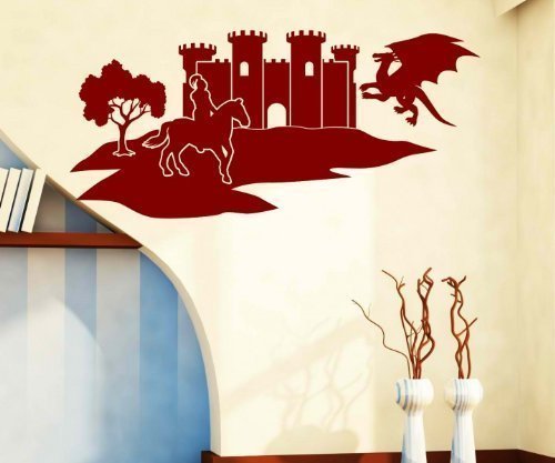 Wandtattoo Burg Skyline Drache Ritter Pferd Sticker Aufkleber Wandbild 1M601, Farbe:Dunkelgrau Matt;Skyline Länge:120cm