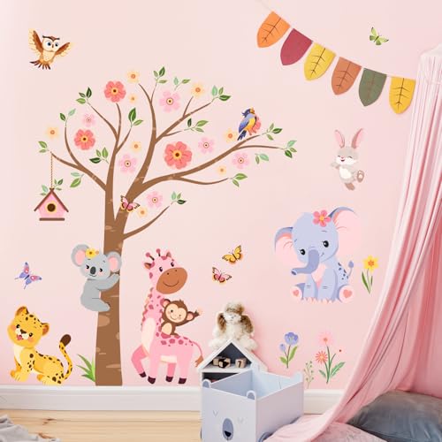 Decvictor Wandtattoo Rosa Baum Dschungel Tier Wandaufkleber Tiger Elefant Giraffe Wandsticker Kinderzimmer Babyzimmer Mädchenzimmer Wanddeko