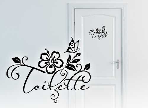 Grandora W3003 WC Türaufkleber Wort Toilette + Hibiskusblüte und Schmetterling Wandtattoo Bad schwarz