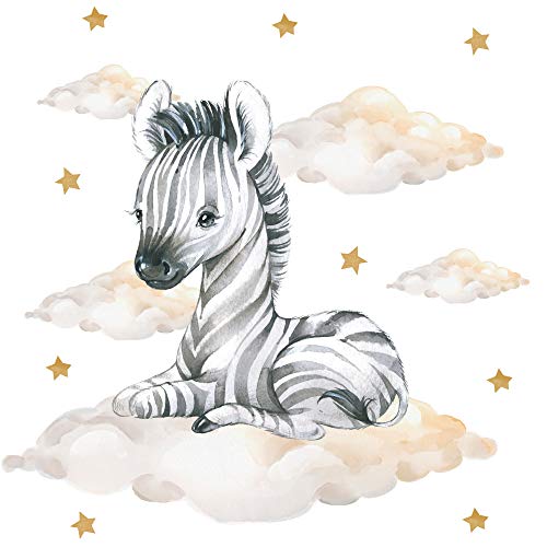 Pandawal Kinderzimmer Deko Wandtattoo Zebra mit Wolken Sterne Junge Mädchen Wandsticker Baby Safari Tiere Wandaufkleber (S, Zebra)