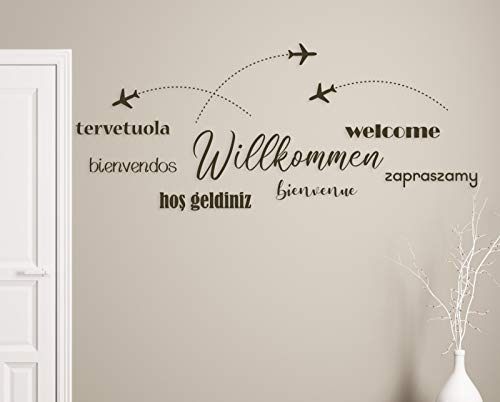 tjapalo® a24 Wandtattoo Willkommen flur eingang international verschiedene sprachen Wandsticker welcome hos geldiniz zapraszami, Größe: B58xH24cm, Farbe: Schwarz