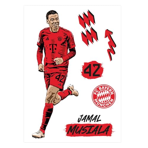 K&L Wall Art FC Bayern München Wandsticker FCB Fußballspieler Logo Fußball Trikot Wandtattoo - Offizielles Lizenzprodukt (Comic, Jamal Musiala) 68x100 cm