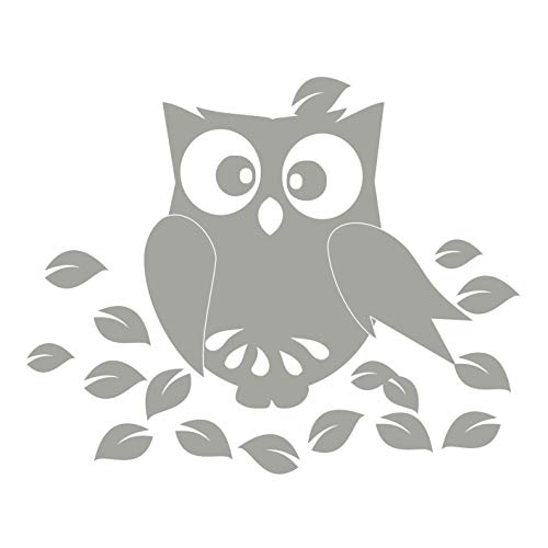 kleb-Drauf® | 1 Eule mit Blätter | Silber - matt | Wandtattoo Wandaufkleber Wandsticker Aufkleber Sticker | Wohnzimmer Schlafzimmer Kinderzimmer Küche Bad | Deko Wände Glas Fenster Tür Fliese