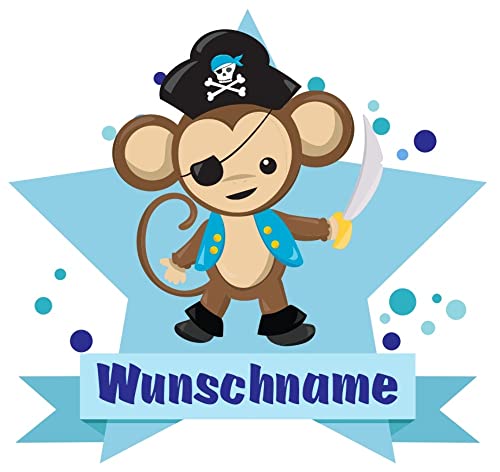 Samunshi® Piraten AFFE Wandtattoo Türschild mit Name personalisierbar Kinderzimmer Türaufkleber Baby Wandaufkleber in 9 Größen (40x35cm Mehrfarbig)
