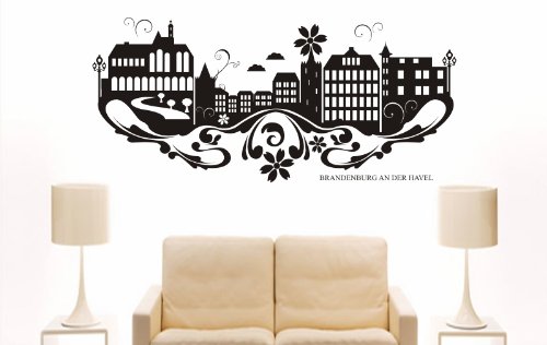 INDIGOS UG - Wandtattoo Wandsticker Wandaufkleber Aufkleber - Wandaufkleber e734 Skyline Stadt - Brandenburg an der Havel (Deutschland) Design 3-80x36 cm - schwarz - Dekoration Küche Bad Büro Hotel