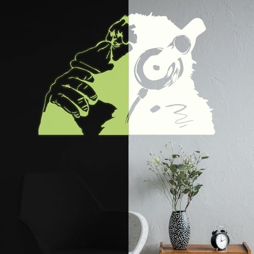 Banksy Wandtattoo Affe mit Kopfhörern, leuchtet im Dunkeln, Schimpanse, Musikhörer, 110 x 77 cm