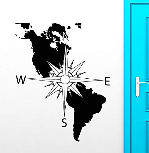 NSRJDSYT Kompass Vinyl Wandtattoo Amerika Kontinent Karte Wandkunst Wandbild Navigation Kompass Wandaufkleber Home Decoration Wandplakat 86x107cm