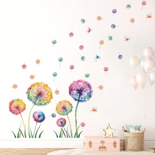 KAIRNE Bunt Wandtattoo Pusteblume,Blumen Wandsticker für Kinderzimmer Mädchen,Löwenzahn Wandtattoo für Schlafzimmer,Pflanzen Blumen Wandaufkleber für Wohnzimmer Babyzimmer Fenster Wanddeko