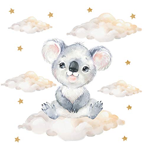 Pandawal Kinderzimmer Deko Wandtattoo Koala mit Wolken Sterne Junge Mädchen Wandsticker Baby Safari Tiere Wandaufkleber (M, Koala)