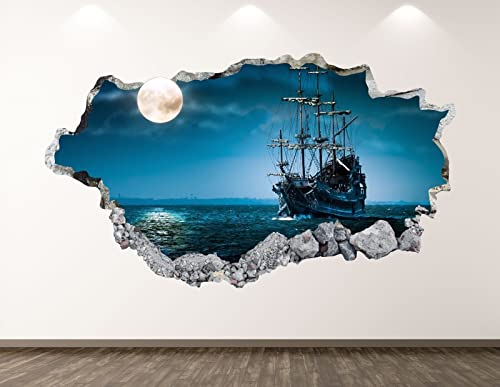 Pirate Ship Wall Decal Art Decor 3D Smashed Ocean Mural Kids Room Sticker Wandaufkleber Aufkleber Kunst Wandbild Poster Wandtattoo -50×70cm