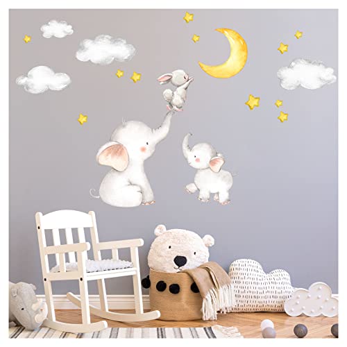 Little Deco Wandtattoo Babyzimmer Elefant und Hase mit Mond und Sternen I 163 x 95 cm (BxH) I Kinderbilder Deko Kinderzimmer Mädchen Aufkleber Junge Sticker DL463