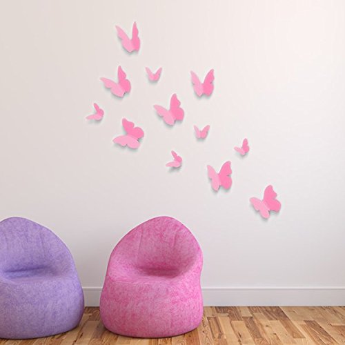 denoda® 3D Schmetterling Set - Pink - 12 Stück (Wandsticker Wanddekoration Wohndeko Wohnzimmer Kinderzimmer Schlafzimmer Wand Aufkleber)