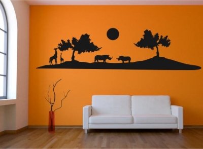 Wandtattoo Wandaufkleber Afrika Steppe Nashorn und Giraffen Farbwahl Motiv #06 - Größe: 120x30cm