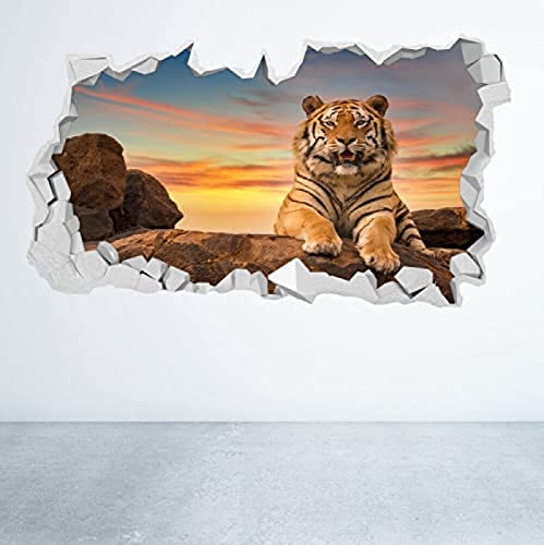 Tiger Sonnenuntergang Wandtattoo 3D Look Schlafzimmer Lounge Natur Tier Wandtattoo DIY