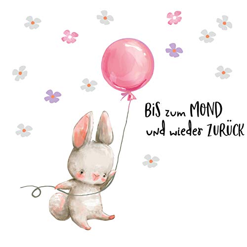 Little Deco Wandtattoo Babyzimmer Hase & Spruch Bis zum Mond I Wandbild 95 x 55 cm (BxH) I Luftballon Rosa Kinderbilder Wanddeko für Kinderzimmer Mädchen DL227-1