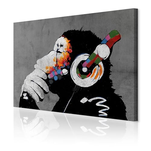 decomonkey Akustikbild Banksy Dj Afee 120x80 cm 1 Teilig Leinwand Modern Bilder Wandbilder XXL Schallschlucker Schallschutz Akustikdämmung Wandbild Deko Leise Gorilla Tiere Affe mit kopfhörer
