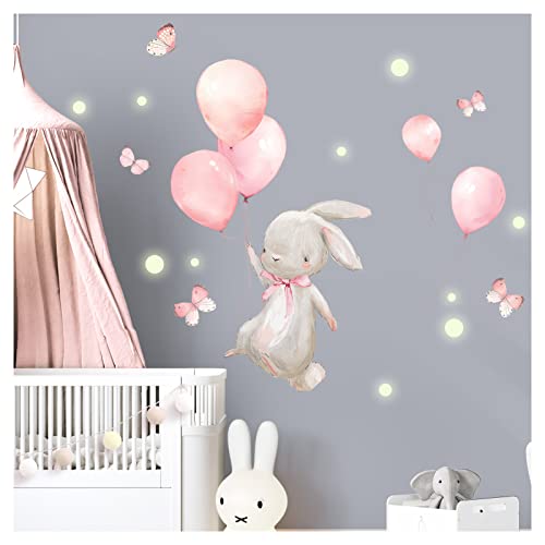 Little Deco Wandsticker Hase mit Luftballon Wandtattoo Fluoreszierende Leuchtpunkte Baby Kinderzimmer Leuchtaufkleber selbstklebend Wanddeko DL860-2
