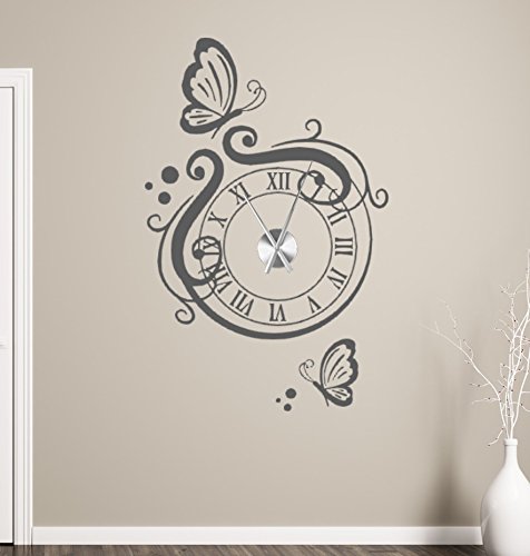 tjapalo® gr-tku2 Wanduhr Wandtattoo Uhr Wohnzimmer Wandsticker Wandaufkleber mit Schmetterlingen und edlem Uhrwerk (Höhe 90cm x Breite 58cm)