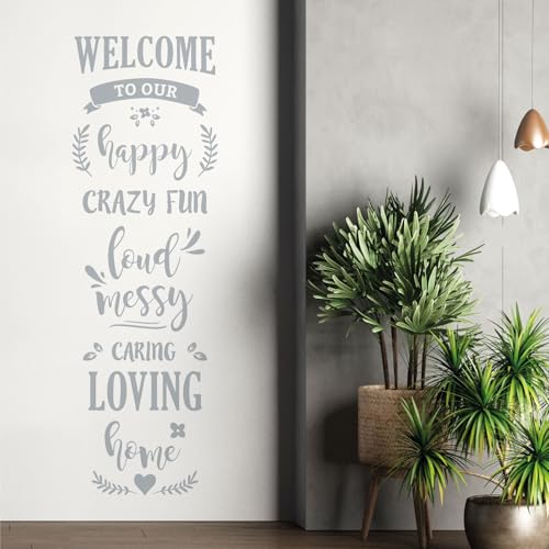 Wandtattoo mit Aufschrift  Welcome to Our Happy Loud Messy Caring Loving Home , silberfarben