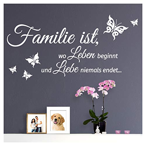 Grandora Wandtattoo Spruch Familie ist, wo Leben beginnt und Liebe Niemals endet... I Weiß (BxH) 80 x 40 cm I Wohnen Schmetterling Wandsticker W5547