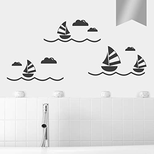 WANDKINGS Wandtattoo Segelboot Set, mit Wellen und Wolken Größe Large in Silber - erhältlich in 33 Farben