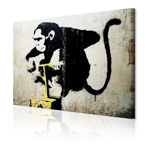 decomonkey Akustikbild Banksy Street Art 90x60 cm 1 Teilig Leinwand Modern Bilder Wandbilder XXL Schallschlucker Schallschutz Akustikdämmung Wandbild Deko Leise Affe