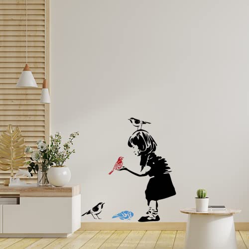 PLIGREAT Banksy Mädchen mit Vogel Wandtattoo Banksy Street Graffiti Wandsticker für Wohnzimmer Schlafzimmer Cafe Modern Wandkunst Decor