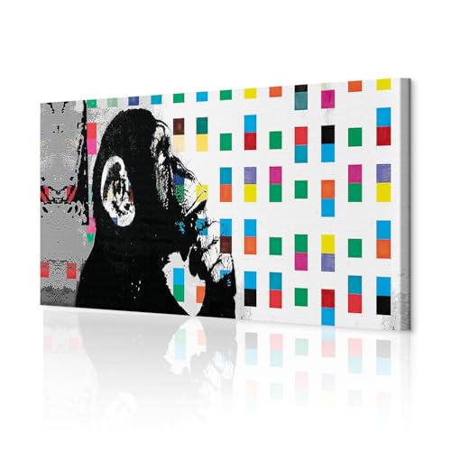 decomonkey Akustikbild Affe Banksy Abstrakt 135x45 cm 1 Teilig Leinwand Modern Bilder Wandbilder XXL Schallschlucker Schallschutz Akustikdämmung Wandbild Deko Leise Graffiti Kunst modern Ziegel bunt
