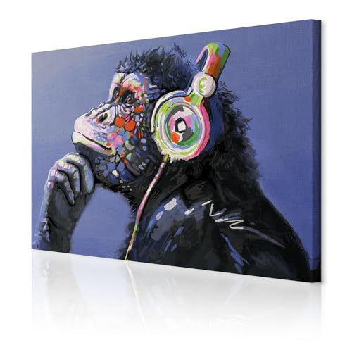 decomonkey Akustikbild Affe Banksy 90x60 cm 1 Teilig Leinwand Modern Bilder Wandbilder XXL Schallschlucker Schallschutz Akustikdämmung Wandbild Deko Leise Street Art Musik