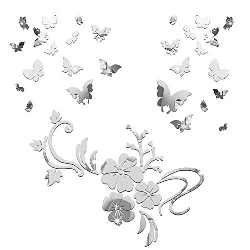 3D Schmetterling Wandaufkleber Spiegel Blumenrank Aufkleber Wandsticker Wandtattoo Wanddeko TV Hintergrund Deko für Wohnzimmer Kinderzimmer Türen Fenster Badezimmer Kühlschrank