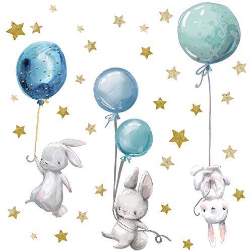 Wandsticker personalisiert Sticker Aquarell Tiere mit Name Wandtattoo für Kinderzimmer Babyzimmer Spielzimmer Mädchen Junge Y037 (Nr. 5 Hasen mit Ballons, Ohne Wunschname)