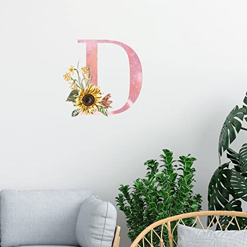 Lmmixee Wandtattoo, Motiv: rosa Buchstaben Sonnenblumen, Monogramm, Vinyl, Anfangsbuchstabe D, zum Abziehen und Aufkleben, Wandtattoo, für Mutter, Brautjungfer, Brautparty, 71,1 cm