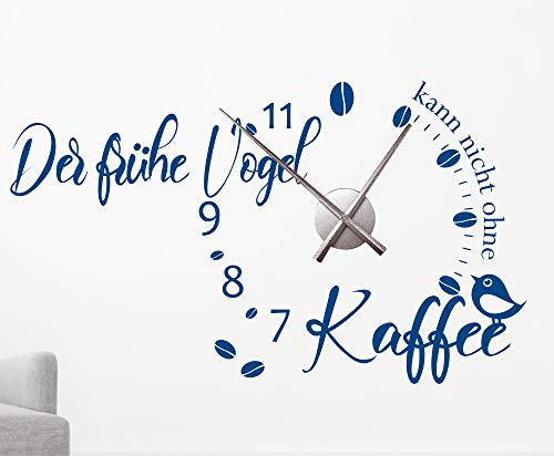 Wandtattoo Uhr mit Uhrwerk Spruch Der frühe Vogel, Kaffee Wanduhr Küche Wohnzimmer DIY von timalo® – 30 Farben | 76064b-Burgunder-M-80x47-Uhr-silber