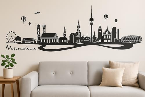 München Skyline Wandtattoo, Stadtsilhouette Dekoration, 130 x 30 cm, Selbstklebende Vinylfolie (Schwarz)