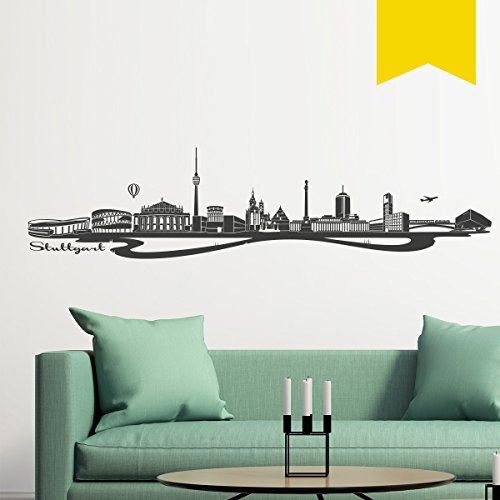 WANDKINGS Wandtattoo Skyline Stuttgart (mit Sehenswürdigkeiten und Wahrzeichen der Stadt) 190 x 46 cm gelb - erhältlich in 33 Farben