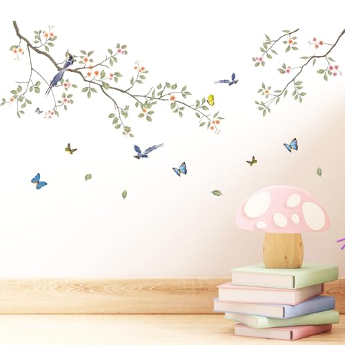 astylishome Wanddeko Wohnzimmer Wandtattoo mit Vögeln Wandbilder Wand Aufkleber Kirsch Blumen Ast Baum Zweig Sticker Deko für Wohn Schlafzimmer Kinderzimmer Flur Küche 0704