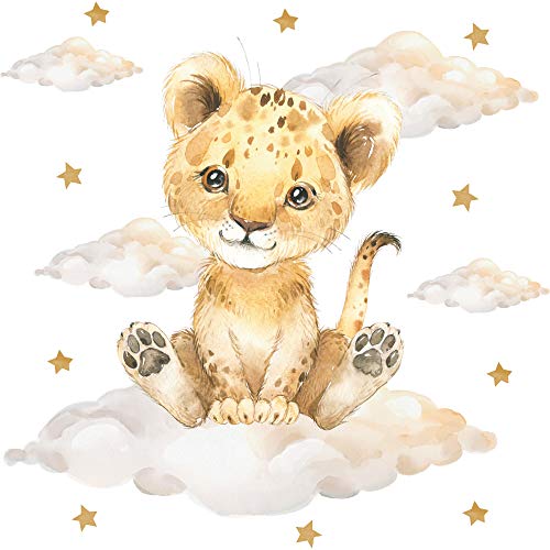 Pandawal Kinderzimmer Deko Wandtattoo Löwe mit Wolken Sterne Mädchen Junge Wandsticker Baby Safari Tiere Wandaufkleber (L, Löwe)