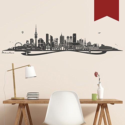 WANDKINGS Wandtattoo Skyline München mit Fluss 120 x 31 cm - Dunkelrot - 35 Farben zur Wahl