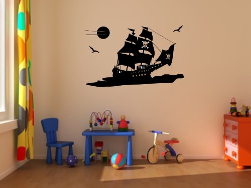 Wandtattoo Piratenschiff II - Pirat Wandaufkleber Kinderzimmer Schiff Größe: 80x49cm - schwarz