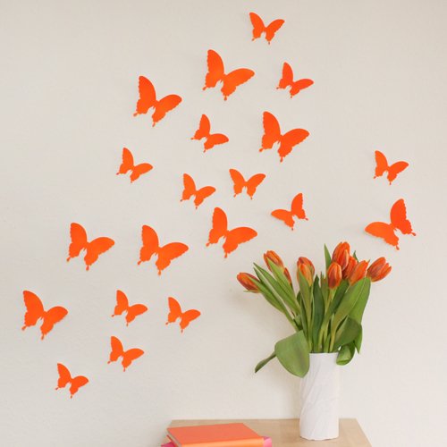 WANDKINGS  Schmetterlinge im 3D-Style in NEON ORANGE zur Wanddekoration, 12 STÜCK im Set mit Klebepunkten zur Fixierung