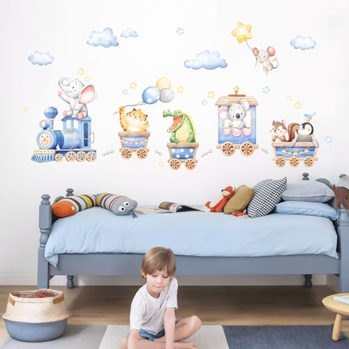 Decvictor Wandtattoo Blauer Safari-Tierzug Wandaufkleber Elefant Tiger Krokodil auf Ausflug Wandsticker Kinderzimmer Babyzimmer Jungenzimmer Mädchenzimmer Wanddeko