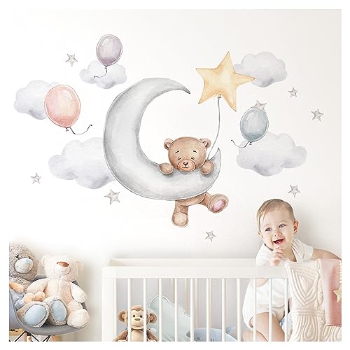 Little Deco Wandsticker Bär auf dem Mond mit Luftballons Wandtattoo für Babyzimmer Teddybär Sterne Wandaufkleber Kinderzimmer Deko DL829-2