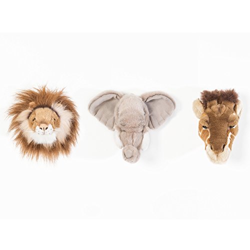 Wild & Soft Safari Box mit 3 Trophäen Giraffe, Löwe, Elefant: 3 Plüschtiere als Wanddekoration im Kinderzimmer. Ca 20x20cm
