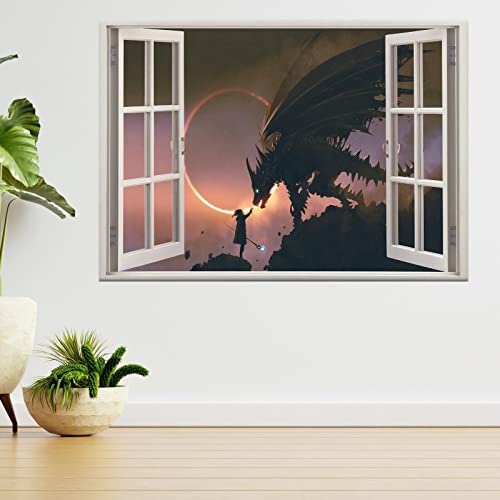 Drache 3D Fensteransicht Wandaufkleber Aufkleber Kunst Wandbild Poster Wandtattoo -50×70cm