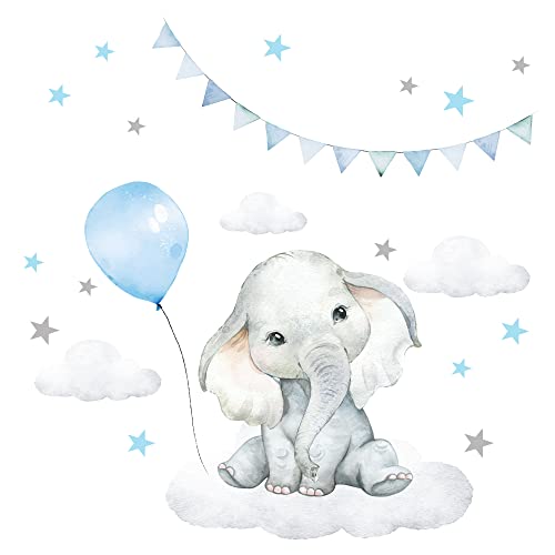 Little Deco Wandtattoo Kinderzimmer Junge Deko Wandsticker Baby Elefant mit blauem Luftballon Sterne Wolken Safari Boho Wandbild selbstklebend Kinder DL539-57