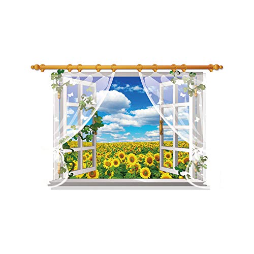 3D Fenster Sonnenblume Bild Fensterblick Wandillusion Wandtattoo Selbstklebend, Brauch Größe, Muster, Wasserdichte für das Wohnzimmer, Schlafzimmer, Küchen, Bad, Büro - PVC, 60x90cm, Landschaft