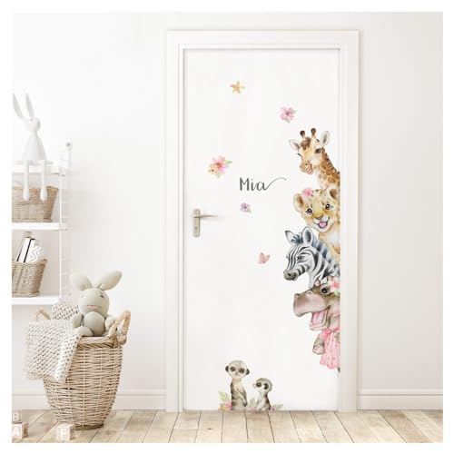 DEKO KINDERZIMMER Türaufkleber Wandsticker mit Name Wandtattoo Safari Tiere für Kinderzimmer Tür Sticker Wandaufkleber Babyzimmer selbstklebend DK1124-04