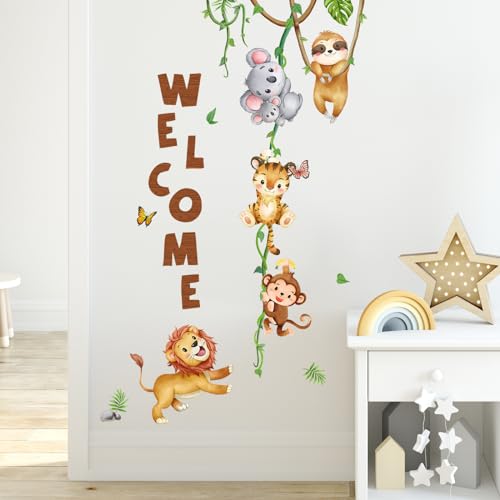 Tanlaby Dschungel Tier Wandsticker Waldtier Klettern Rebe Wandtattoo Faultier Koala Tiger Affe Löwe Selbstklebend Abnehmbare Wand Kunst Aufkleber für Schlafzimmer Wohnzimmer Tür Wanddekoration